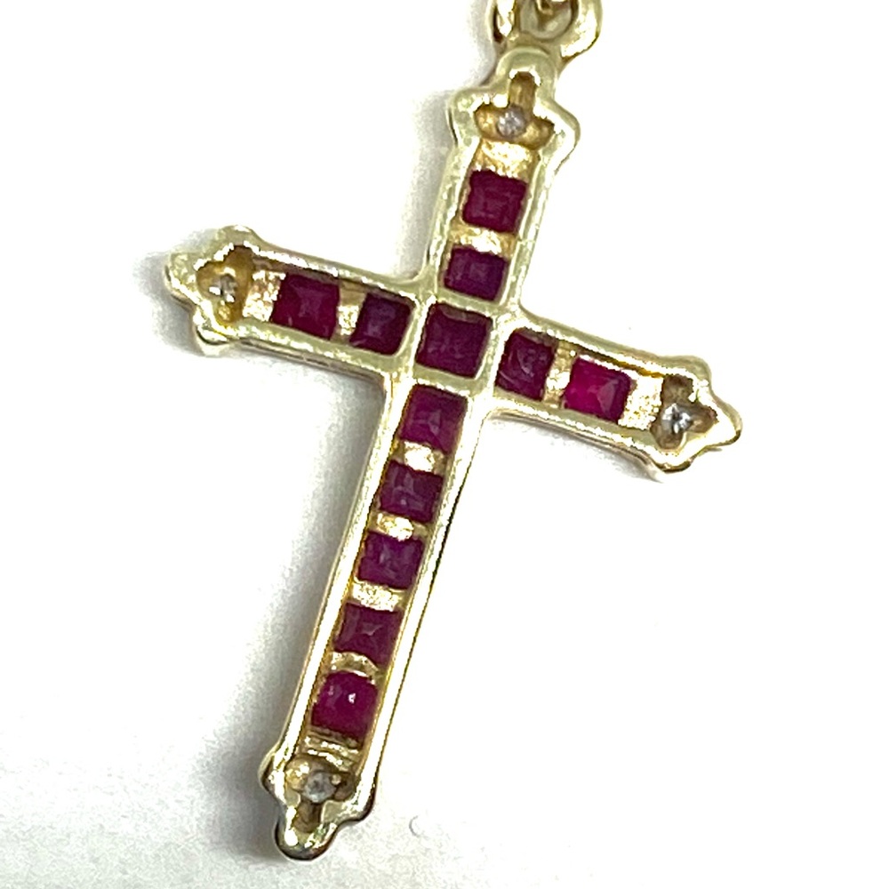 Vintage 10k Solid Yellow Gold Ruby Diamond Cross … - image 2